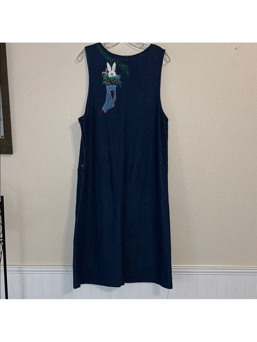 Vintage Denim Christmas Hand Painted Jumper Dress 90s cottagecore granny teacher - Picture 8 of 9